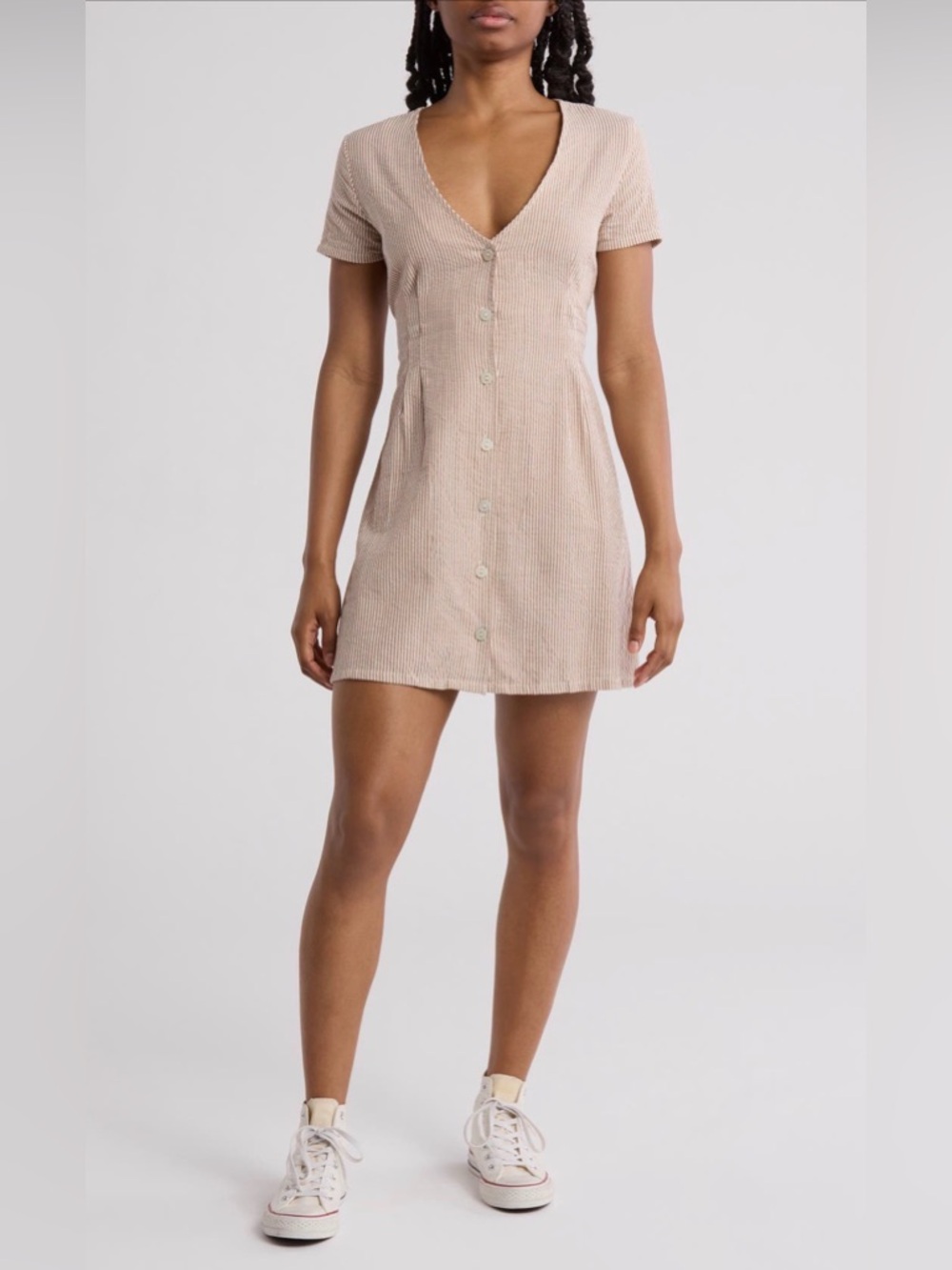RVCA Understated II Short Sleeve Summer Linen Mini-Dress Orange Cream XS